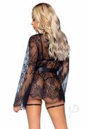 Leg Avenue Eyelash Lace Garter Teddy With G-string Back And Adjustable Straps, Lace Robe And Ribbon Tie (3 Pieces) - Small - Black
